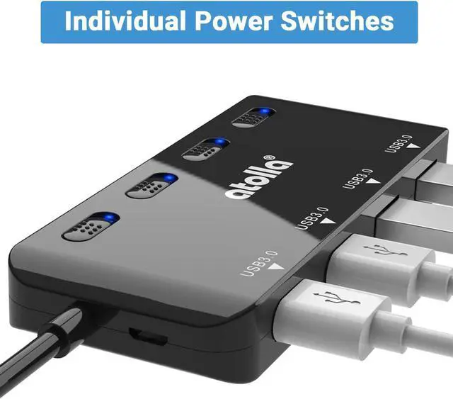 Alt view image 3 of 7 - USB Hub 4-Port USB 3.0 Hub Splitter with 2 ft Extended Cable Ultra Slim Data USB Extender with Individual Power Switches and LED