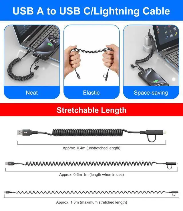 Alt view image 7 of 7 - USB to USB C and Lightning Cable Support Carplay & Android Auto - 3A Fast Charge & 480Mbps Data Sync Coiled Lightning Cable USB C iPhone Charger Cord for iPhone 16 15 14 13 12 11 Android