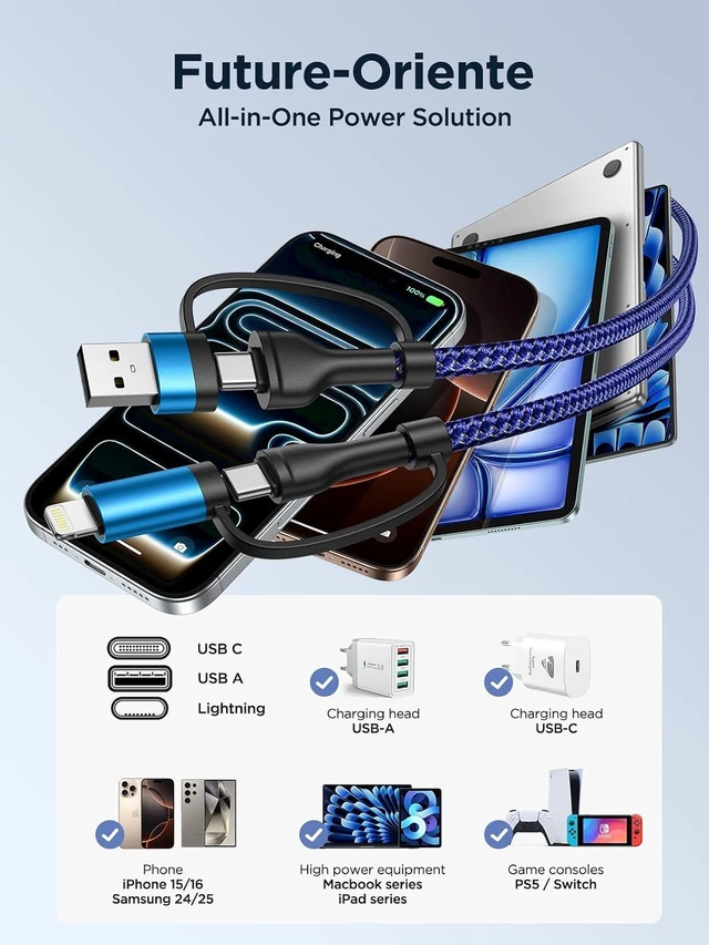 Alt view image 6 of 7 - 4 in 1 Charging Cable Fast USB C Cable Type C Charger 60W Lightning Cable Adapter USB C to USB C Cable for iPad Charger Fast Multi Charging Cord Fits iPhone 17 16 15/15 Pro/15 Plus/14 Pro Max 6FT