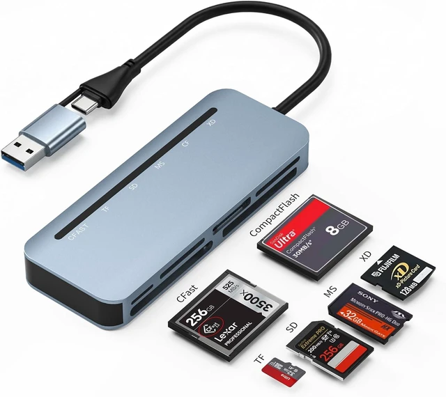 Main image of Compact Flash Card Reader - 6-in-1 CF/SD/TF/MS/XD/CFast Adapter Read 6 Cards Simultaus Aluminum USB 3.0 5Gbps Multi Memory Card Readers for iPhone 15/16/17 Android iPad MacBook PC
