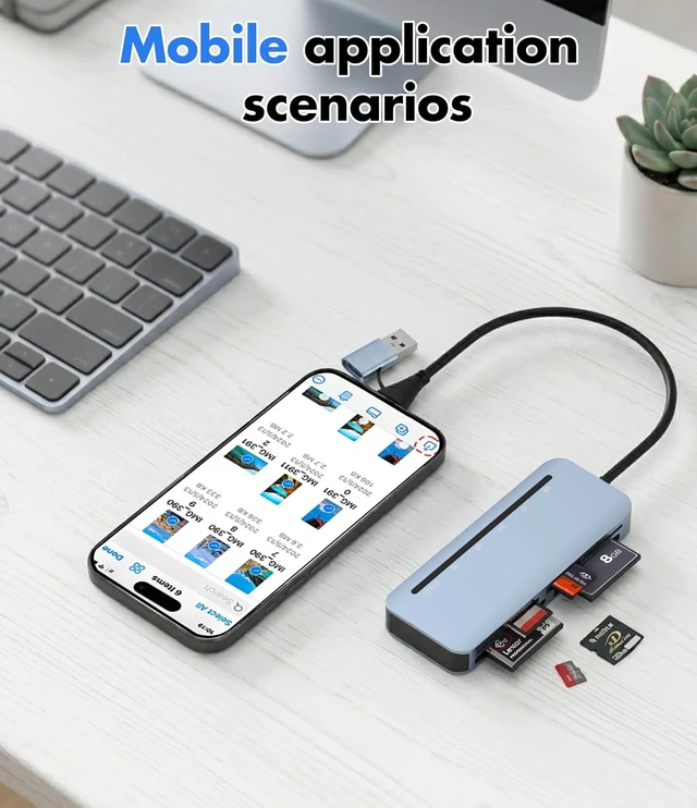 Alt view image 5 of 7 - Compact Flash Card Reader - 6-in-1 CF/SD/TF/MS/XD/CFast Adapter Read 6 Cards Simultaus Aluminum USB 3.0 5Gbps Multi Memory Card Readers for iPhone 15/16/17 Android iPad MacBook PC