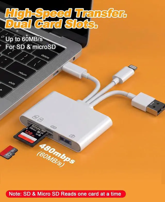 Alt view image 5 of 7 - Flash Drive Adapter & SD/TF Card Reader for iPhone - 4-in-1 OTG Adapter with SD/TF Slots & USB-A/USB-C Flash Drive Port to Transfer Photos to Phone Triple USB-C/Lightning/USB-A for iPhone/iPad/Mac/PC