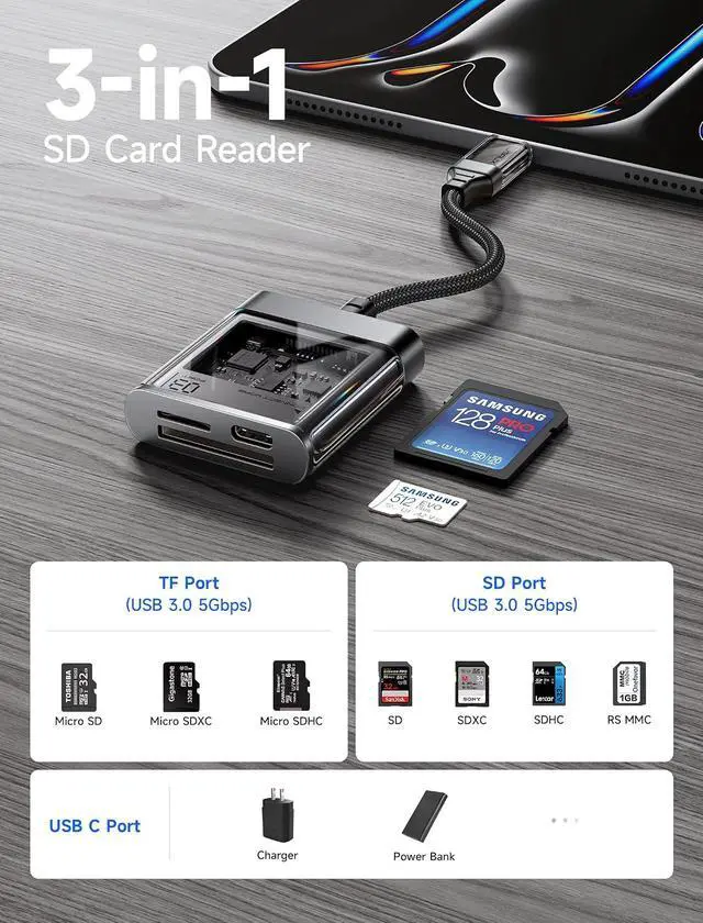 Alt view image 4 of 7 - 3-in-1 SD Card Reader USB C 5Gbps with PD 60W Fast Charging Type C Micro SD Memory Card Reader for TF SD Micro SD SDXC SDHC Compatible with iPhone 16 Pro Max MacBook Galaxy iPad Pro Camera