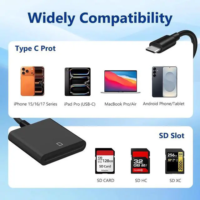 Alt view image 6 of 7 - USB C SD Memory Card Reader Type C Camera Adapter Trail Viewer for iPhone 17/ iPhone 16/15/ iPad MacBook/Air/Pro iMac/ Galaxy Android (Black)