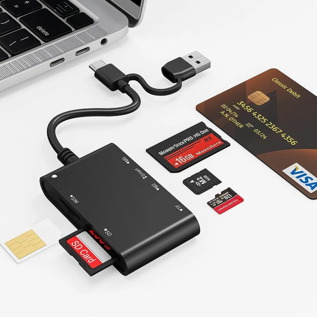 Main image of 7 in 2 SIM Card Adapter USB-C/USB-A Military CAC Smart Card Reader SD/TF/SIM/PIV/M2/IC/ID/MS Pro Duo Memory Card Reader for iPhone 17 16 15/iPad/Windows/Mac/Linux