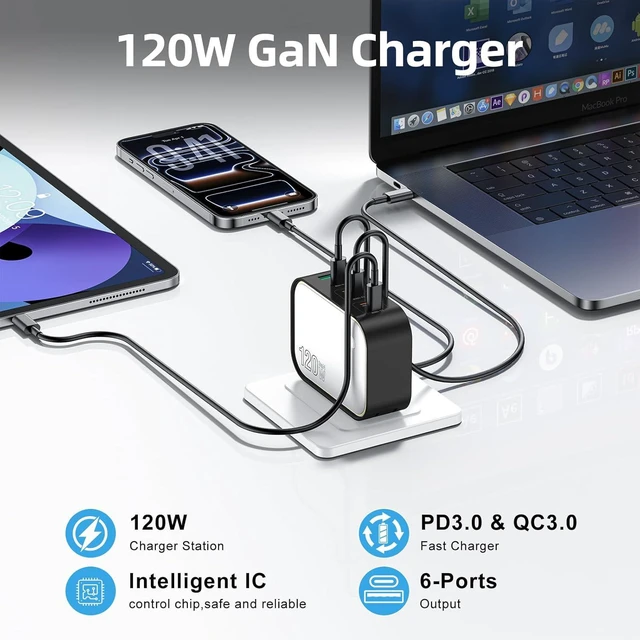 Alt view image 2 of 7 - 120W GaN USB C Charger 6-Port Fast Charging Block with Night Light PD 100W Wall Charger for MacBook Pro/Air iPhone 17/16/15 Series iPad Laptop - Ultra-Compact Travel Charger for Home and Office