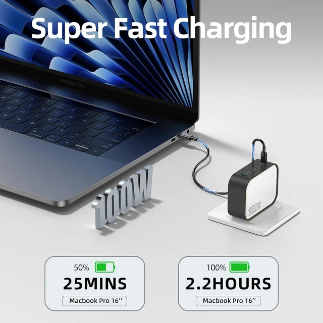 Alt view image 3 of 7 - 120W GaN USB C Charger 6-Port Fast Charging Block with Night Light PD 100W Wall Charger for MacBook Pro/Air iPhone 17/16/15 Series iPad Laptop - Ultra-Compact Travel Charger for Home and Office