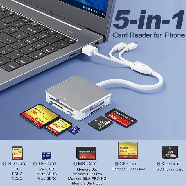 Alt view image 3 of 7 - 5-in-1 Memory Stick Pro Duo Adapter USB C SD Card Reader for iPhone with Lightning/USB-C/USB 3.0 Connectors Compatible with SD/Micro SD/MS/CF/XD Cards Memory Stick Pro Duo Reader for Android/PC/Mac