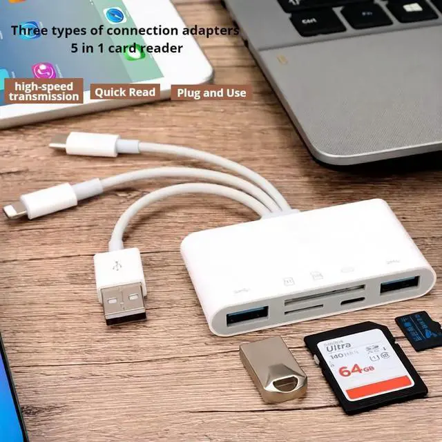 Alt view image 2 of 6 - USB OTG Adapter & SD Card Reader 5-in-1 Memory Card Reader USB C and USB A Devices with PD Fast Charging for iPhone/iPad/PC/Android/Camera Supports SD/Micro SD/SDHC/SDXC/MMC Plug and Play