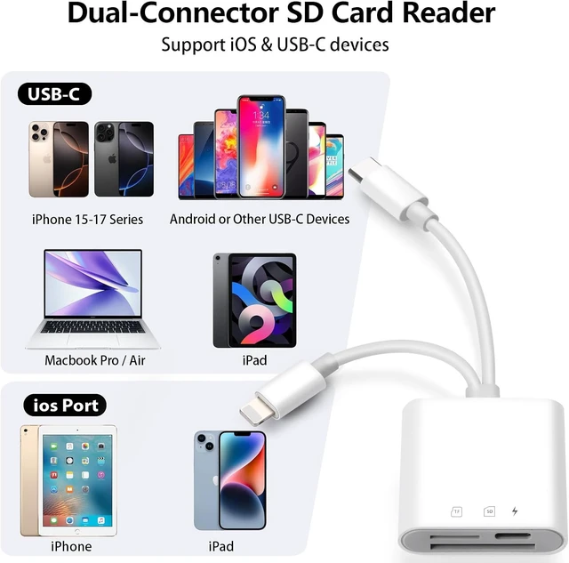 Alt view image 5 of 7 - SD Card Reader for iPhone 15 16 17 Android Memory Card Reader with Charging and Dual Slot for TF/SD iOS & TypeC Dual-Connector Card Reader for Photography No App Required Plug and Play