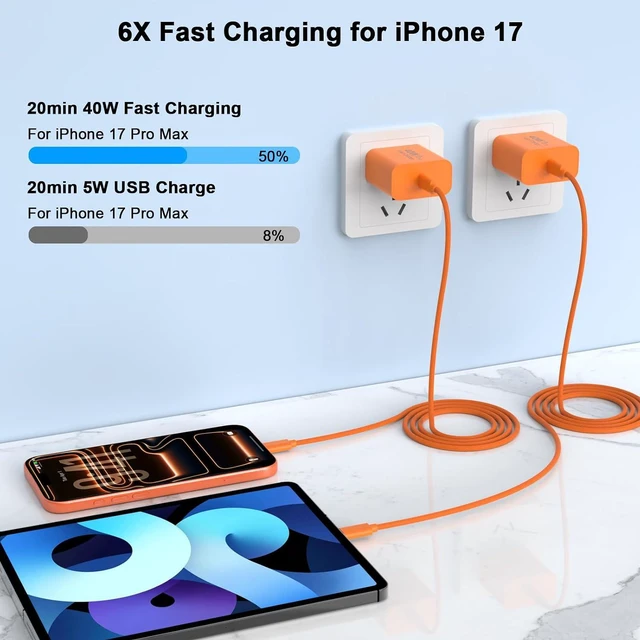 Alt view image 2 of 7 - iPhone Duo 18 17 Pro Max Charger Fast Charging 10FT 40W USB C Charger Block