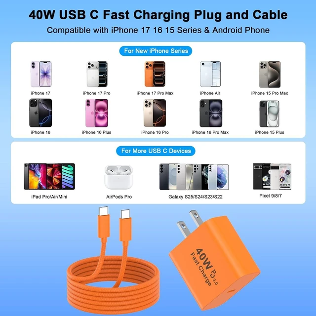 Alt view image 3 of 7 - iPhone Duo 18 17 Pro Max Charger Fast Charging 10FT 40W USB C Charger Block