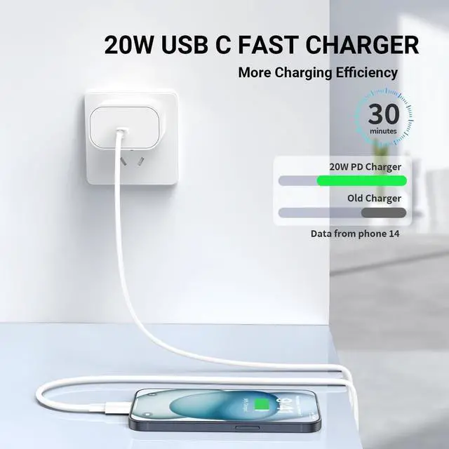Alt view image 2 of 7 - Phone Charger Fast Charging 10 FT 2-Pack 20W PD USB C Block with iPhone 14 13 Charger Cable 10 Foot Compatible with iPhone 14 Pro 13 Pro Max 12 11 Pro Mini