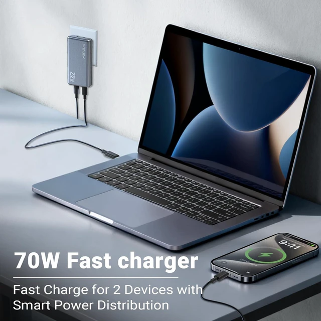 Alt view image 3 of 6 - 70W Flat USB C Wall Charger, Slim Foldable Dual Type C GaN Plug