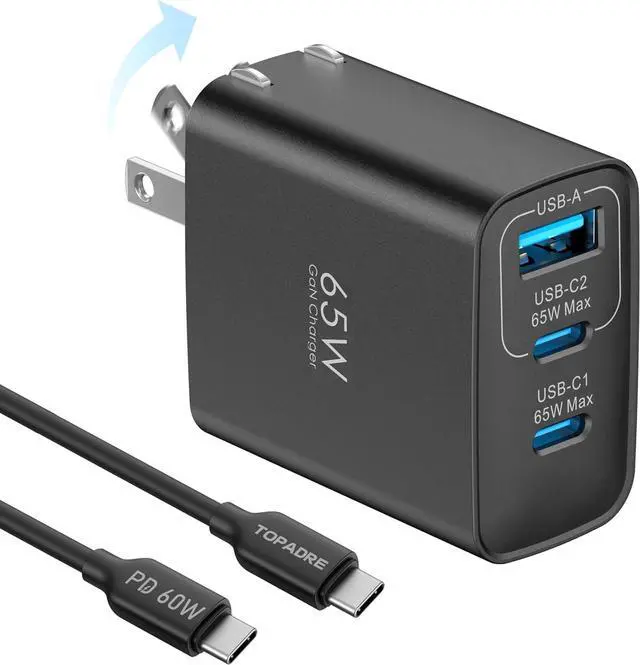 Main image of 65W USB C Charger Block 3 Ports GaN Wall Charger Foldable Compact Type C Fast Charging for MacBook iPad Pro/Air iPhone 15/16 Pro/Pro Max for Galaxy S24/S23 Black
