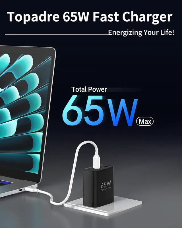 Alt view image 2 of 7 - 65W USB C Charger Block 3 Ports GaN Wall Charger Foldable Compact Type C Fast Charging for MacBook iPad Pro/Air iPhone 15/16 Pro/Pro Max for Galaxy S24/S23 Black