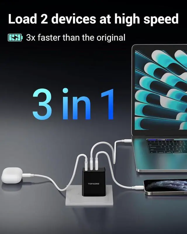 Alt view image 3 of 7 - 65W USB C Charger Block 3 Ports GaN Wall Charger Foldable Compact Type C Fast Charging for MacBook iPad Pro/Air iPhone 15/16 Pro/Pro Max for Galaxy S24/S23 Black