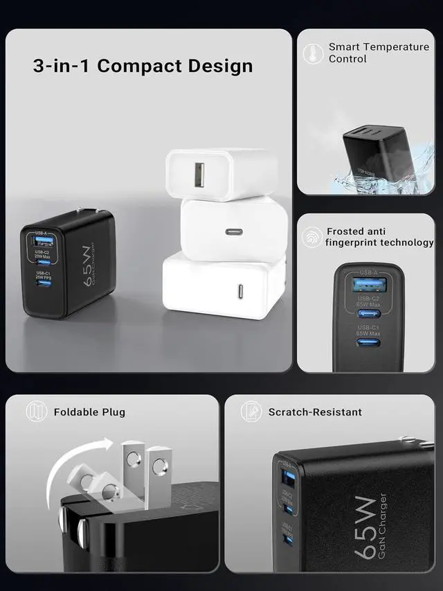 Alt view image 7 of 7 - 65W USB C Charger Block 3 Ports GaN Wall Charger Foldable Compact Type C Fast Charging for MacBook iPad Pro/Air iPhone 15/16 Pro/Pro Max for Galaxy S24/S23 Black