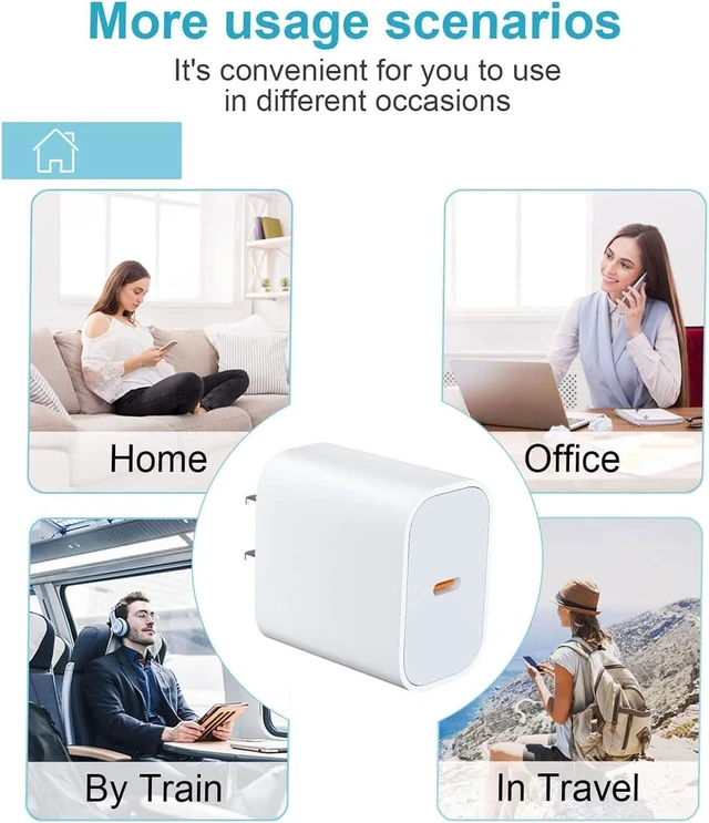 Alt view image 2 of 6 - USB C Charger for iPhone Charger 20W 3-Piece Set with 3 6-Foot USB c Cable Compatible with iPhone 17/17 Plus/17 Pro/17 Pro Max/16/16 Plus/16 Pro Max/15/15 Plus/15 Pro/15 Pro Max