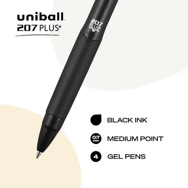 Alt view image 2 of 7 - uniball 207 Plus+ Gel Pens, Black Ink, 0.7mm Medium Point, 4 Count | Retractable, Faster-Drying, Smooth Writing, Smear-Resistant, uni Super Ink Plus+