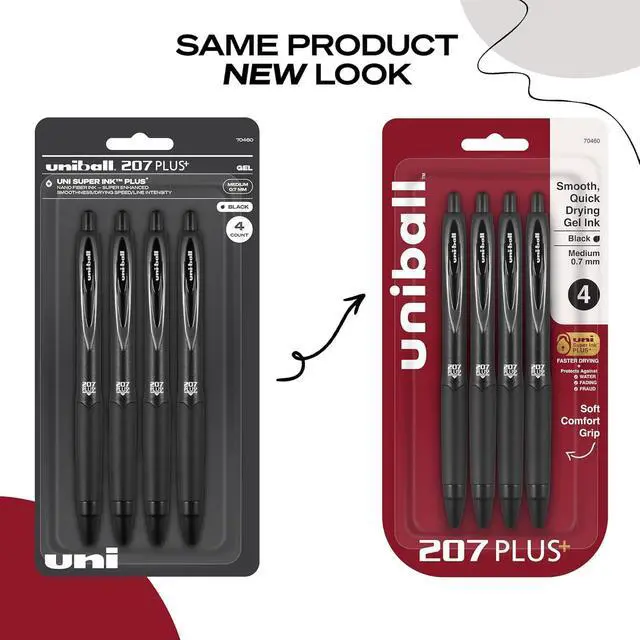 Alt view image 3 of 7 - uniball 207 Plus+ Gel Pens, Black Ink, 0.7mm Medium Point, 4 Count | Retractable, Faster-Drying, Smooth Writing, Smear-Resistant, uni Super Ink Plus+