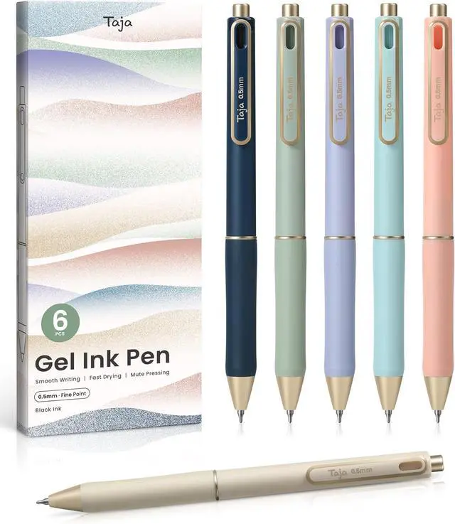 Main image of Taja Gel Pens, 6 Pcs Quick Dry Black Ink Pens, 0.5mm Fine Point, Pastel | Retractable Pens with Soft Grip, Smooth Writing for Journaling and Note Taking, Cute Aesthetic Design for Women & Men