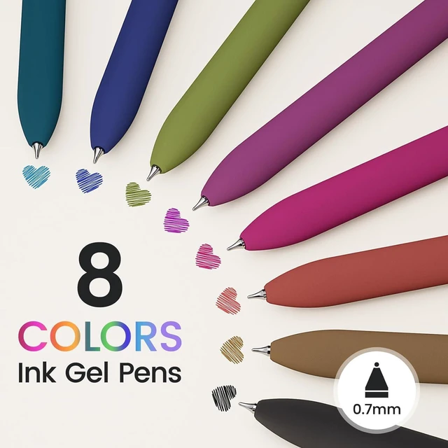 Alt view image 2 of 7 - 8 Pcs Colored Gel Pens with Fidget, Vintage Color Ink No Smudge | 0.7 Fine Point Smooth, Quick-Drying Ink, Retractable Pens for Coloring Journaling Note Taking, School Office, Student Adults