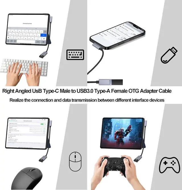 Alt view image 2 of 7 - USB3.0 to Type-C OTG Adapter Cable 5GB Right Angled USB C Male to USB A Female Charge Data Transfer Connector Cable for Phone Laptop Tablet -30CM/1FT 2 Pack (Left/Right Angle)
