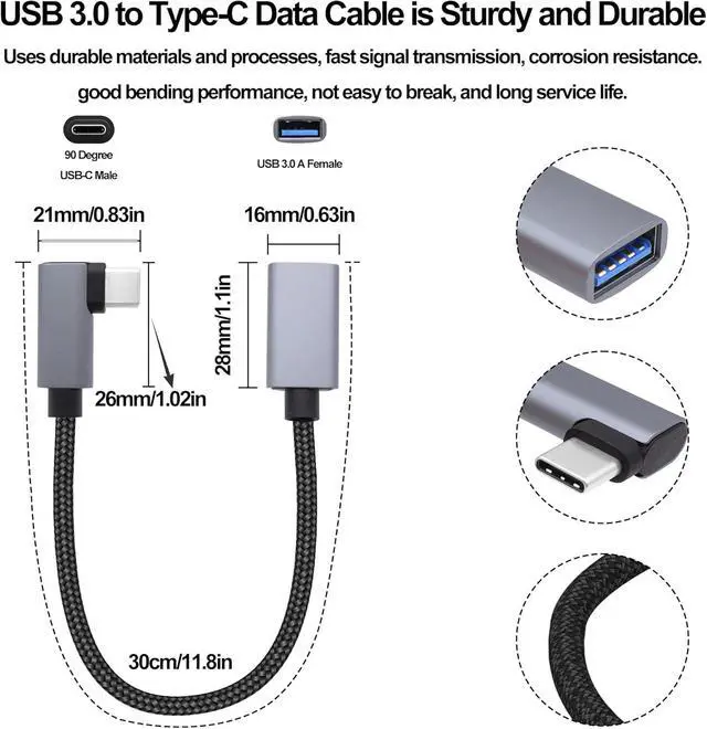 Alt view image 6 of 7 - USB3.0 to Type-C OTG Adapter Cable 5GB Right Angled USB C Male to USB A Female Charge Data Transfer Connector Cable for Phone Laptop Tablet -30CM/1FT 2 Pack (Left/Right Angle)
