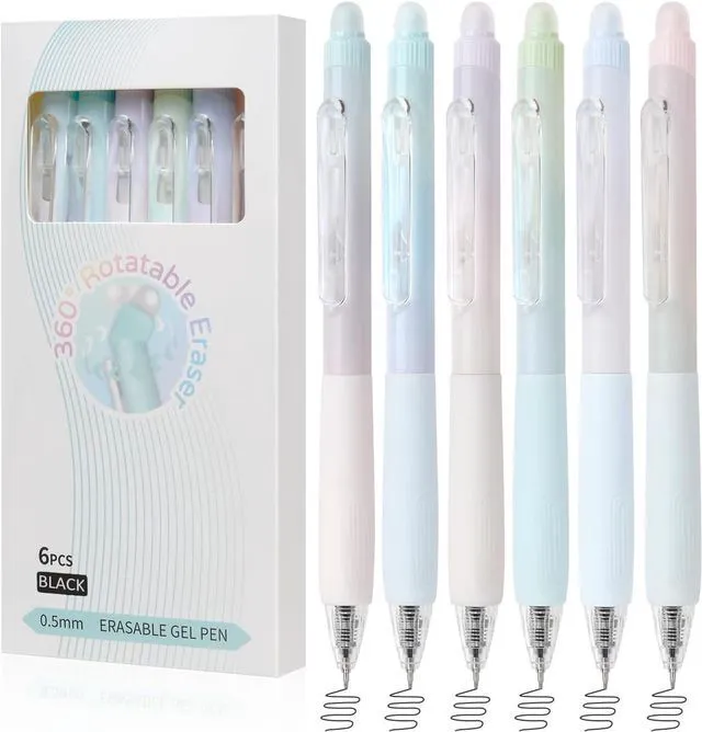 Main image of Erasable Pens, 6 Pack Fine Point 0.5mm Black Erasable Gel Pens | 360°Rotating Erasers, Make Mistakes Disappear, Comfort Grip for Drawing, Writing, Planning, and Crossword Puzzles