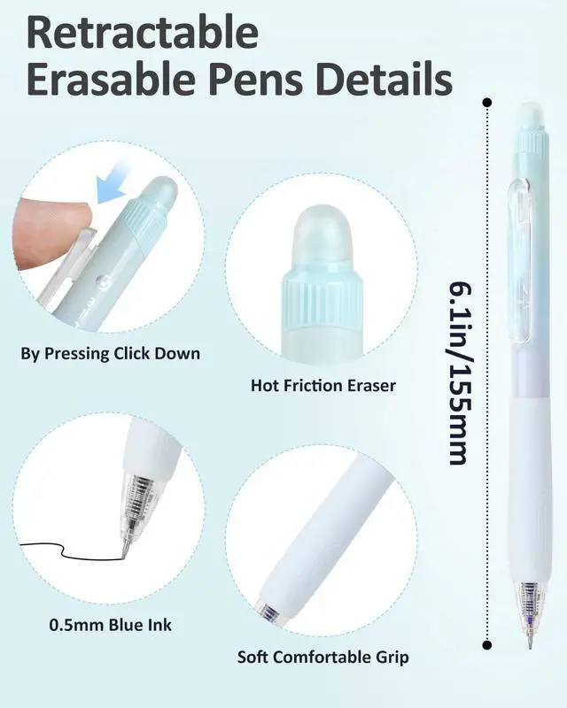 Alt view image 5 of 7 - Erasable Pens, 6 Pack Fine Point 0.5mm Black Erasable Gel Pens | 360°Rotating Erasers, Make Mistakes Disappear, Comfort Grip for Drawing, Writing, Planning, and Crossword Puzzles