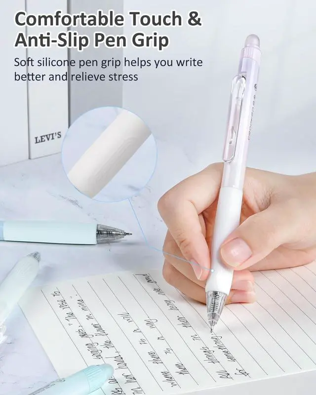 Alt view image 6 of 7 - Erasable Pens, 6 Pack Fine Point 0.5mm Black Erasable Gel Pens | 360°Rotating Erasers, Make Mistakes Disappear, Comfort Grip for Drawing, Writing, Planning, and Crossword Puzzles
