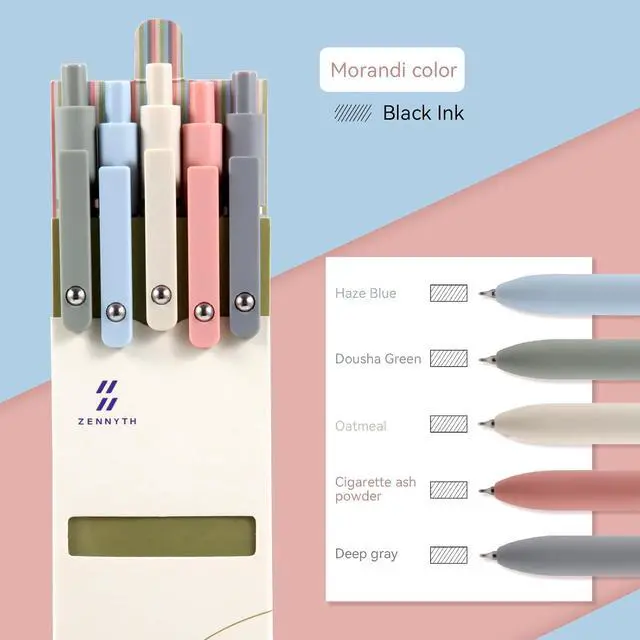 Alt view image 3 of 7 - MengRan Morandi Gel Ink Pens Set, Black Ink, 5 Pack | 0.5mm Fine Point Tip, Quick Drying Ink, Idea for Journaling, Cute Fancy Pens for Women