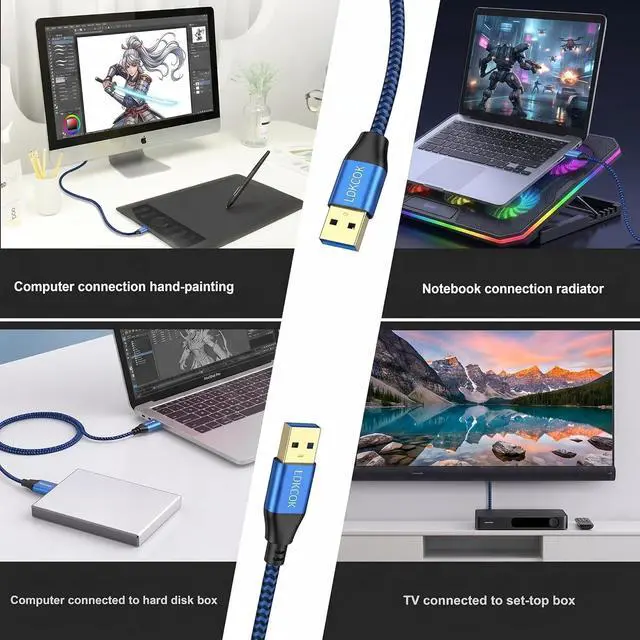 Alt view image 4 of 7 - USB to USB Cable 15FT Durable Braided USB 3.0 Male to Male Type A to Type A Data Transfer Cable Compatible with Hard Drive Laptop DVD Player TV USB Hub Monitor Camera Set-Top Box