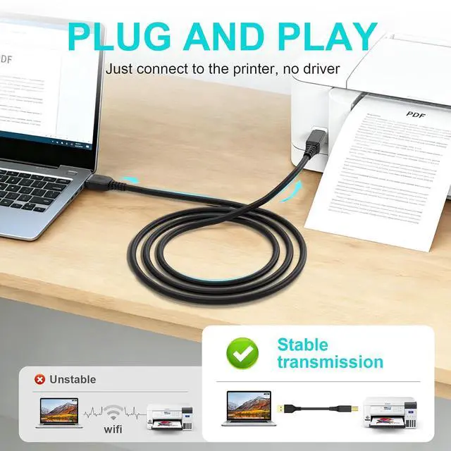 Alt view image 3 of 5 - 6FT Printer Cable to USB 2.0 High Speed USB A to USB B Cable Scanner/Printer Cord for and More(Black)