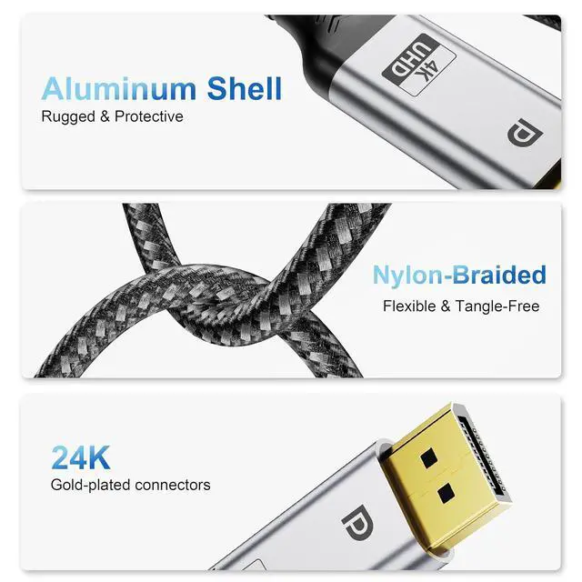 Alt view image 5 of 7 - 4K Displayport Cable 1.2: 10ft Gold-Plated 5-Pack Long DP Cord (4K@60Hz, 2K@165Hz 144Hz 21.6Gbps) HDR, DP to DP Cables Compatible with Gaming PC, Laptops, Monitor, Computer, Projector