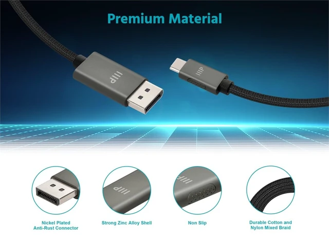 Alt view image 3 of 6 - Monoprice Bidirectional USB-C to DisplayPort Cable - 4K60Hz Thunderbolt 4/3 Compatible Braided 10ft Black
