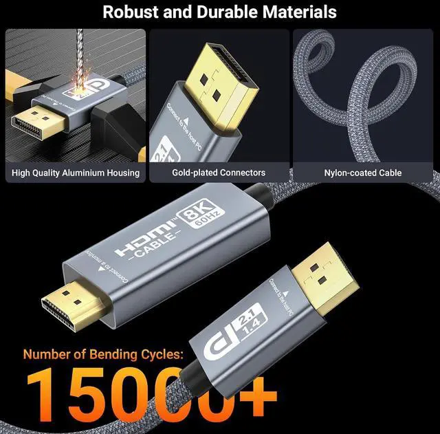 Alt view image 7 of 7 - DisplayPort to HDMI Cable 8K@60Hz 4K@240Hz/120Hz, Active DisplayPort 1.4a/2.1 to HDMI 2.1 Cable, Supports NVIDIA, VRR, G-SYNC, HDR, Dolby Vision, HDCP 2.3, DSC, RTX4090/4080, RTX5090/5080 (10ft)