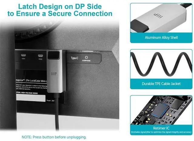Alt view image 2 of 6 - Monoprice USB-C to DisplayPort 1.4 Active Cable - 8K60 4K120 Retimer IC HDR Locking Connector 10ft Black