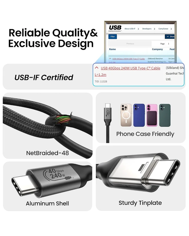 Alt view image 5 of 7 - 40Gbps USB 4 for Thunderbolt 4 Cable 4FT 240W PD3.1 8K/Dual 4K