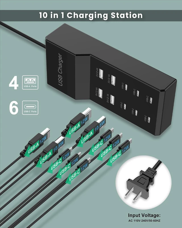 Alt view image 2 of 7 - 6 USB-C & 4 USB-A Port Charging Block Station Power Strip Cord Plug Hub