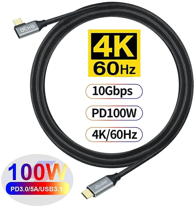 Alt view image 2 of 6 - DCHAV 3ft 90 Degree USB C Cable 100W Fast Charging 4K Video Output 10Gbps Data Transfer 3.1 Gen 2 PD 20V 5A Nylon Braided Type C to Type C Monitor Cord Charge Phone Tablet Laptop Computer