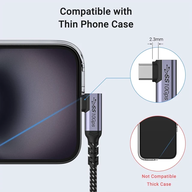 Alt view image 5 of 7 - 100W 1.5ft USB C Cable Right Angle 2 Packs 10Gbps Data Speed