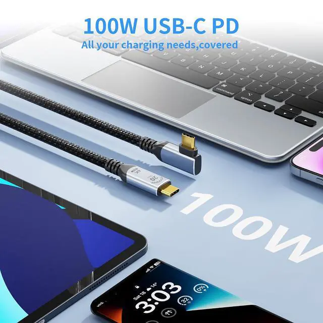 Alt view image 4 of 7 - Long 5M /16.5ft 90 Degree USB C Cable Compatible with Thunderbolt 3,Right Angle USBC 3.2 Gen 2x2 Cable 20Gbps Data Transfer,100W Fast Charging,4K@120Hz Output Display,Monitor,SSD,Docking.