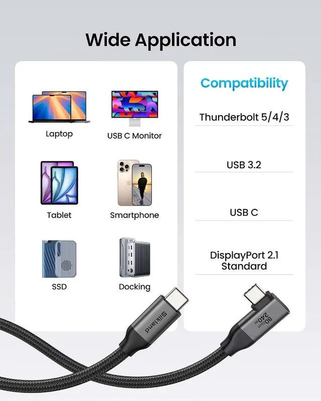 Alt view image 6 of 7 - Silkland 80Gbps Right Angle USB 4 Cable for Thunderbolt 5 Cable 6.6FT, 120Gbps Bandwidth for 16K/Dual 8K, 240W, 90 Degree Braided USB C Video Cable Compatible Thunderbolt 4/5, MacBook M6 Pro,Dock