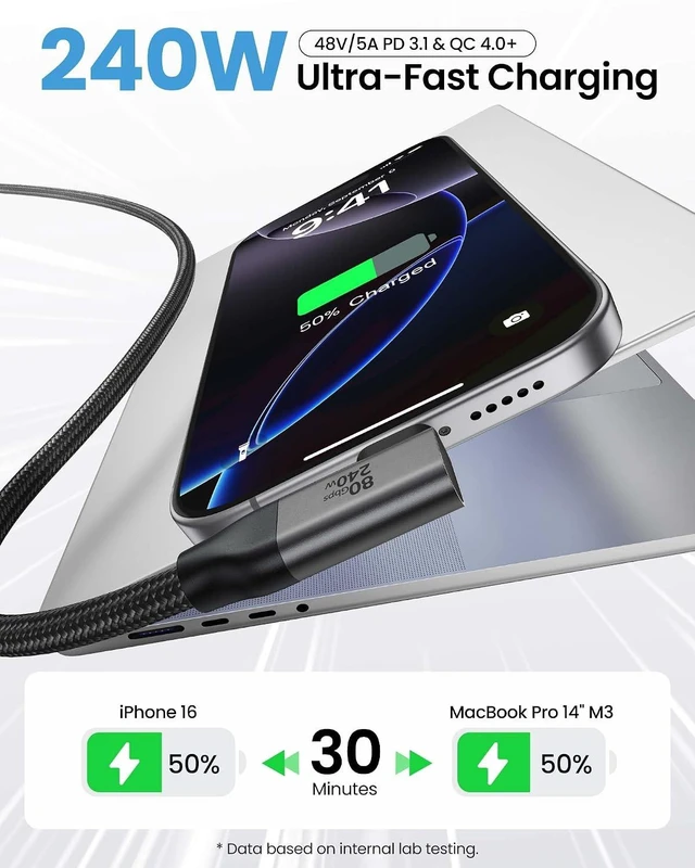 Alt view image 4 of 7 - Silkland 80Gbps Right Angle USB 4 Cable for Thunderbolt 5 Cable 240W 10FT