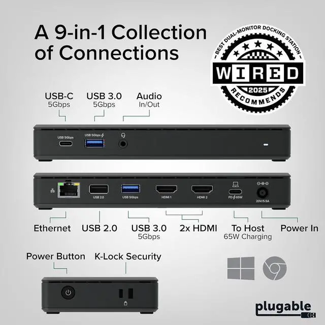 Alt view image 2 of 7 - Plugable USB-C Docking Station Dual 4K 60Hz HDMI, 65W Charging, Gigabit Ethernet, 1x USB-C 5Gbps, 3X USB-A, Audio, Windows/ChromeOS, USB-C/USB4/Thunderbolt, Driverless (UD-MSTH2)