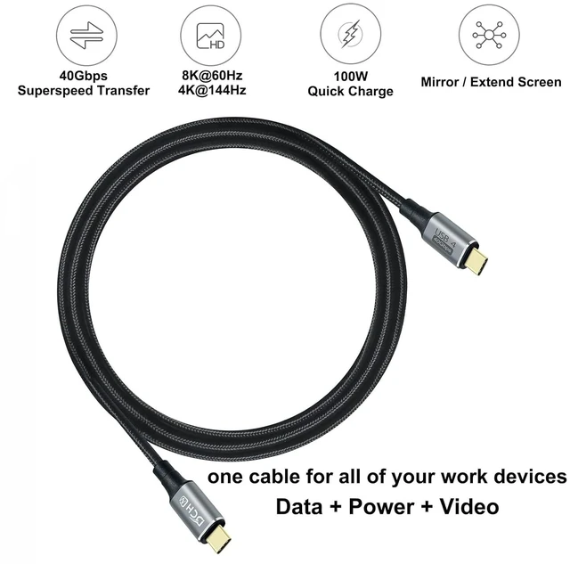 Alt view image 2 of 6 - DCHAV 4ft USB 4 Cable USB C to USB C 8K HD Display Video 40 Gbps Data Transfer 100W Fast Charging Cord USB4 Type C to Type C Charger 5A Nylon Braided Wire for Monitor Laptop Docking Hub Cell Phone