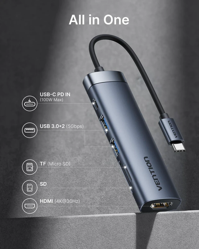 Alt view image 2 of 7 - VENTION USB C Hub, 6-in-1 Laptop Docking Station Dongle Adapter with 4K HDMI, PD 100W Charging, USB 3.0 Ports, SD/TF Card Reader, Portable Aluminum Plug & Play for MacBook Pro, Laptop/HP/DELL