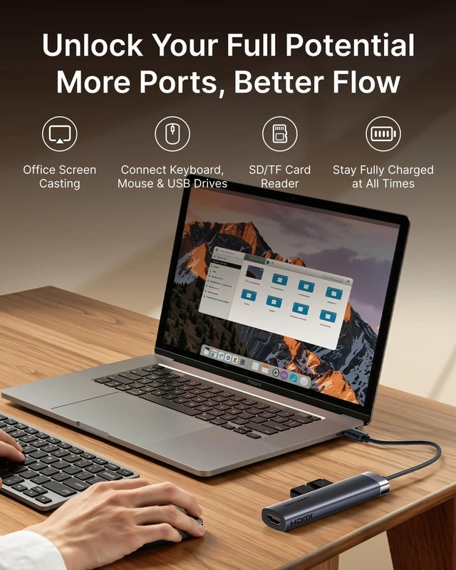 Alt view image 7 of 7 - VENTION USB C Hub, 6-in-1 Laptop Docking Station Dongle Adapter with 4K HDMI, PD 100W Charging, USB 3.0 Ports, SD/TF Card Reader, Portable Aluminum Plug & Play for MacBook Pro, Laptop/HP/DELL